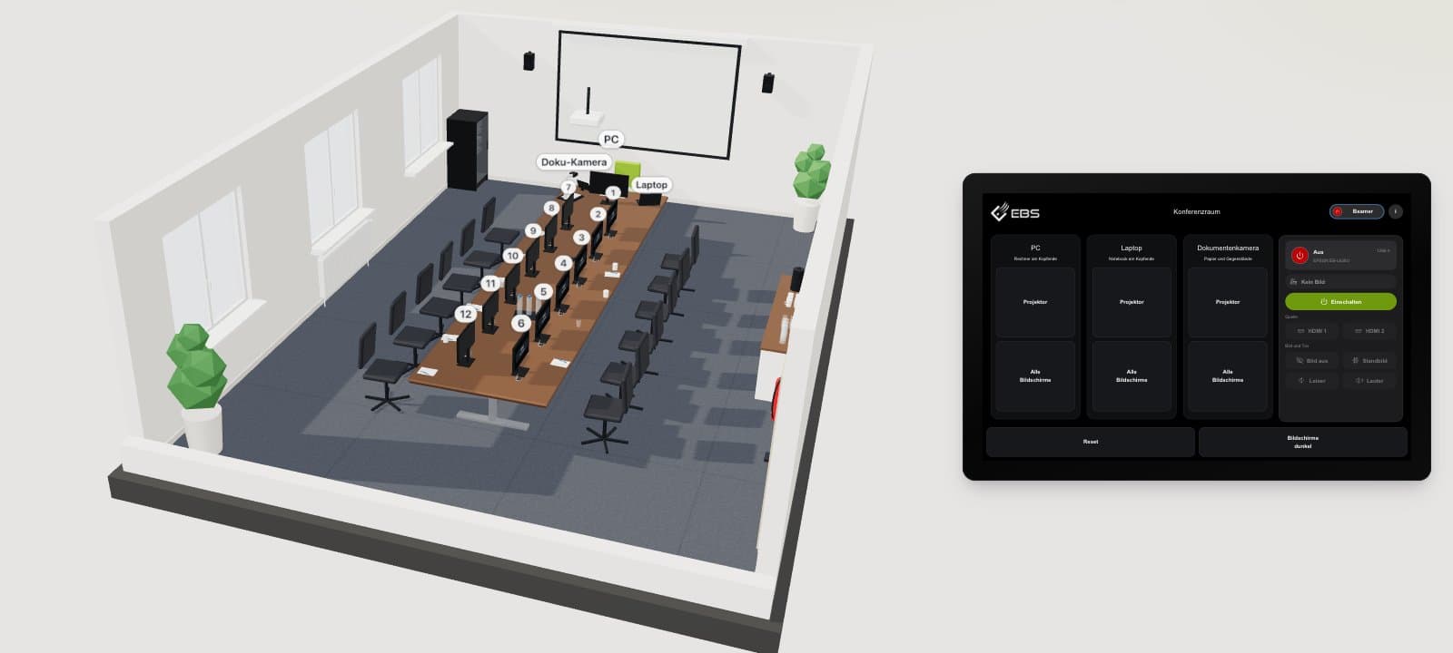 Live-Demo von alphadidact: virtueller Konferenzraum in 3D mit Touchpanel